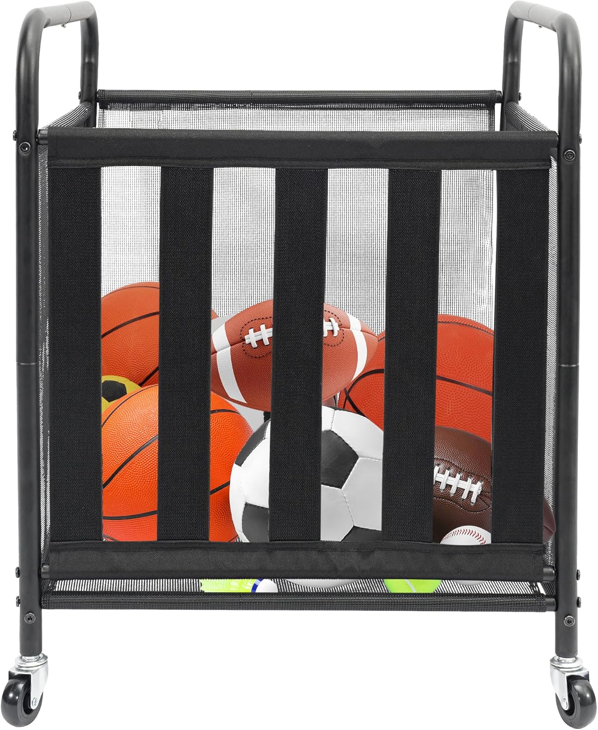 STO STO Rolling Sports Ball Storage Cart - Lockable Basketball Cage with Elastic Straps | Black Steel Organizer for Indoor & Outdoor Use