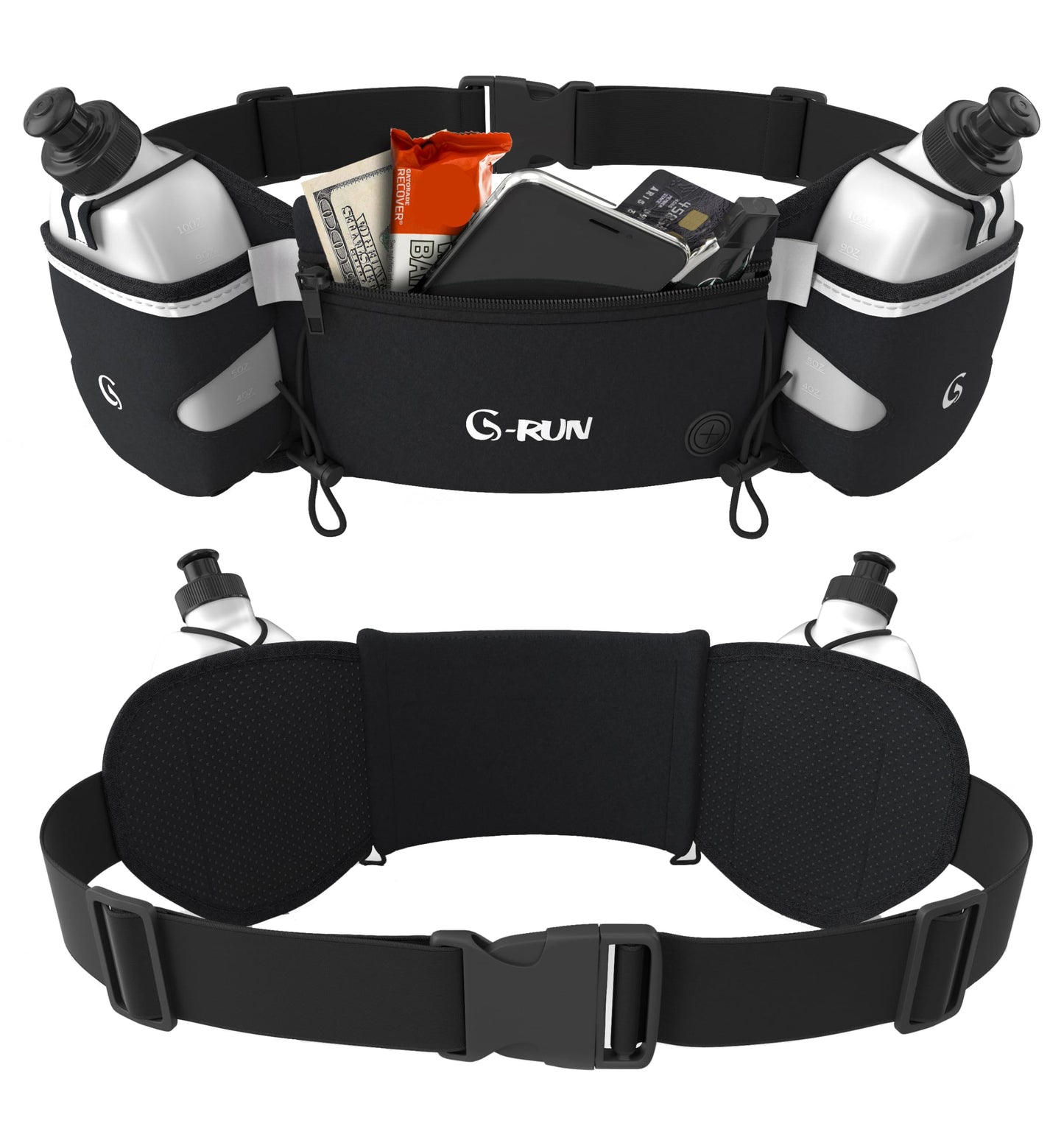 Q-RUN Hydration Running Belt with Bottles - Water Belts for Woman and Men - iPhone Belt for Any Phone Size - Fuel Marathon Waist Pouch for Runners - Jogging Cycling Biking, Black