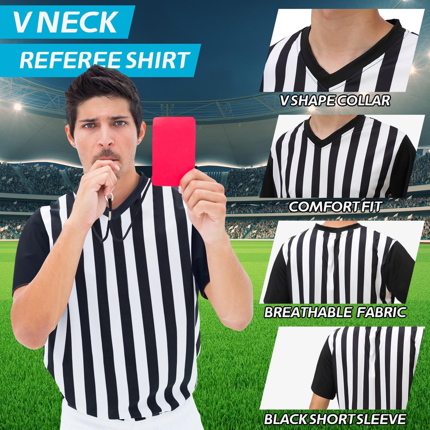 Skicuff Men's Referee Shirt V Neck Umpire Jersey Black Short Sleeve Ref Shirt Costume for Men Football Soccer(M)