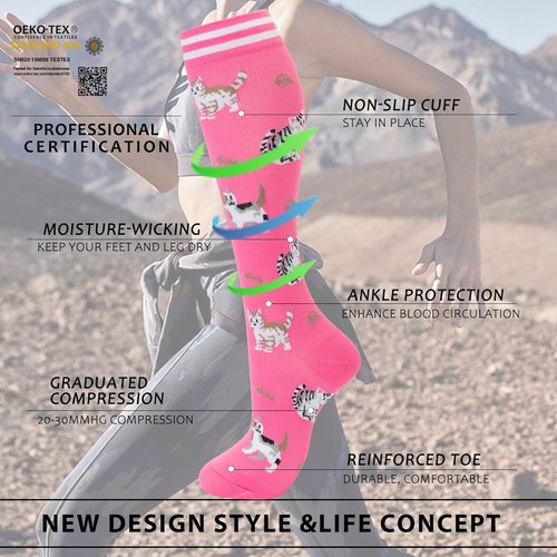 Fenglaoda Compression Socks - Knee High Support for Running, Travel & Sports | 4 Pairs