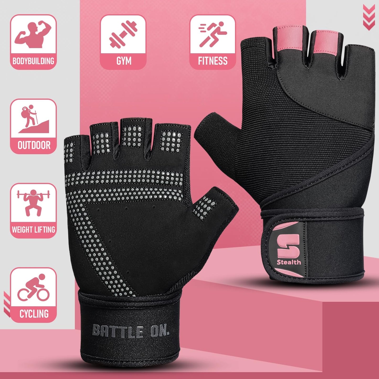 Stealth Sports Weight Lifting Gloves with Wrist Wrap Support Padded Palm Protection Exercise Gym Workout Gloves Men & Women Training Fitness Weightlifting Bodybuilding,E9(Pink,M)