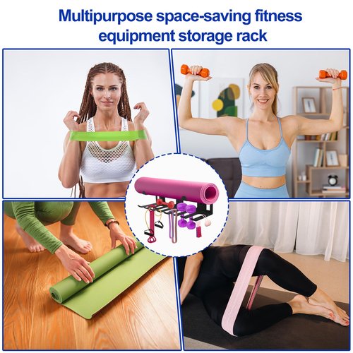 Multi-Purpose Gym Equipment Storage Rack, Stainless Steel Rack Holder Organizer Wall Mount with Screws Home Gym Organization Accessories for Foam Rollers Straps Jump Ropes Yoga Mat (Black)