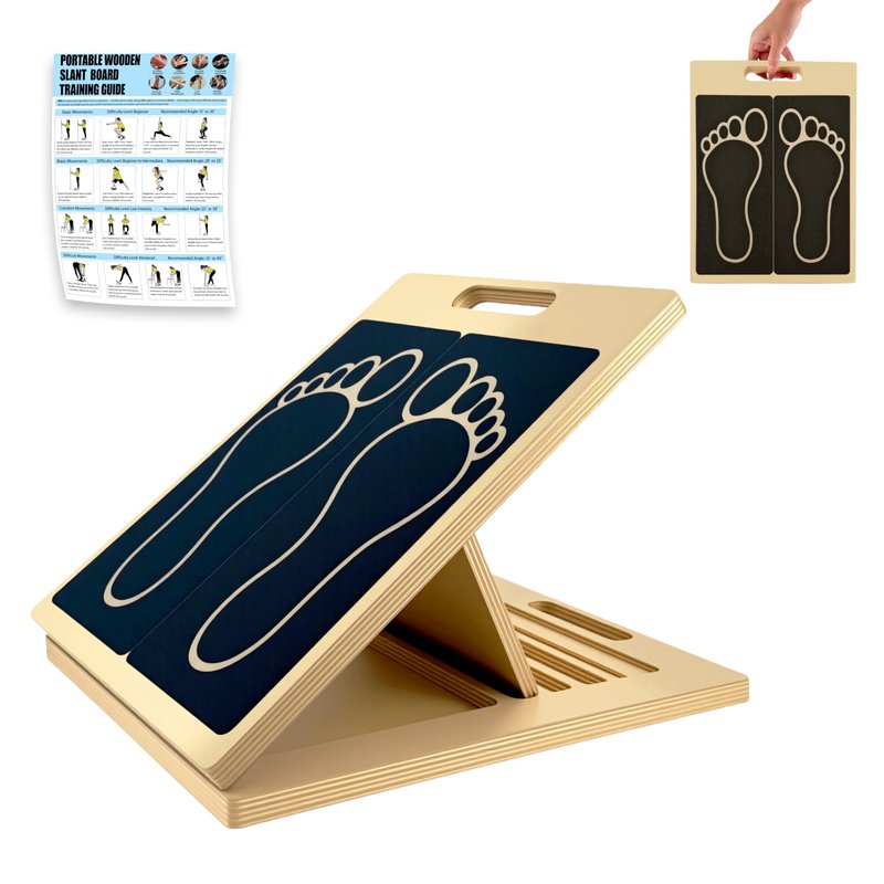 Rwotlls Slant Board for Calf Stretching, 15°/20°/25°/30°/35°/40° Portable Wooden Incline Board, Calf Stretcher & Squat Wedge for Physical Therapy, Knees, Feet, Leg, Ankle, Heel, with Footprint Markings and Training Poster