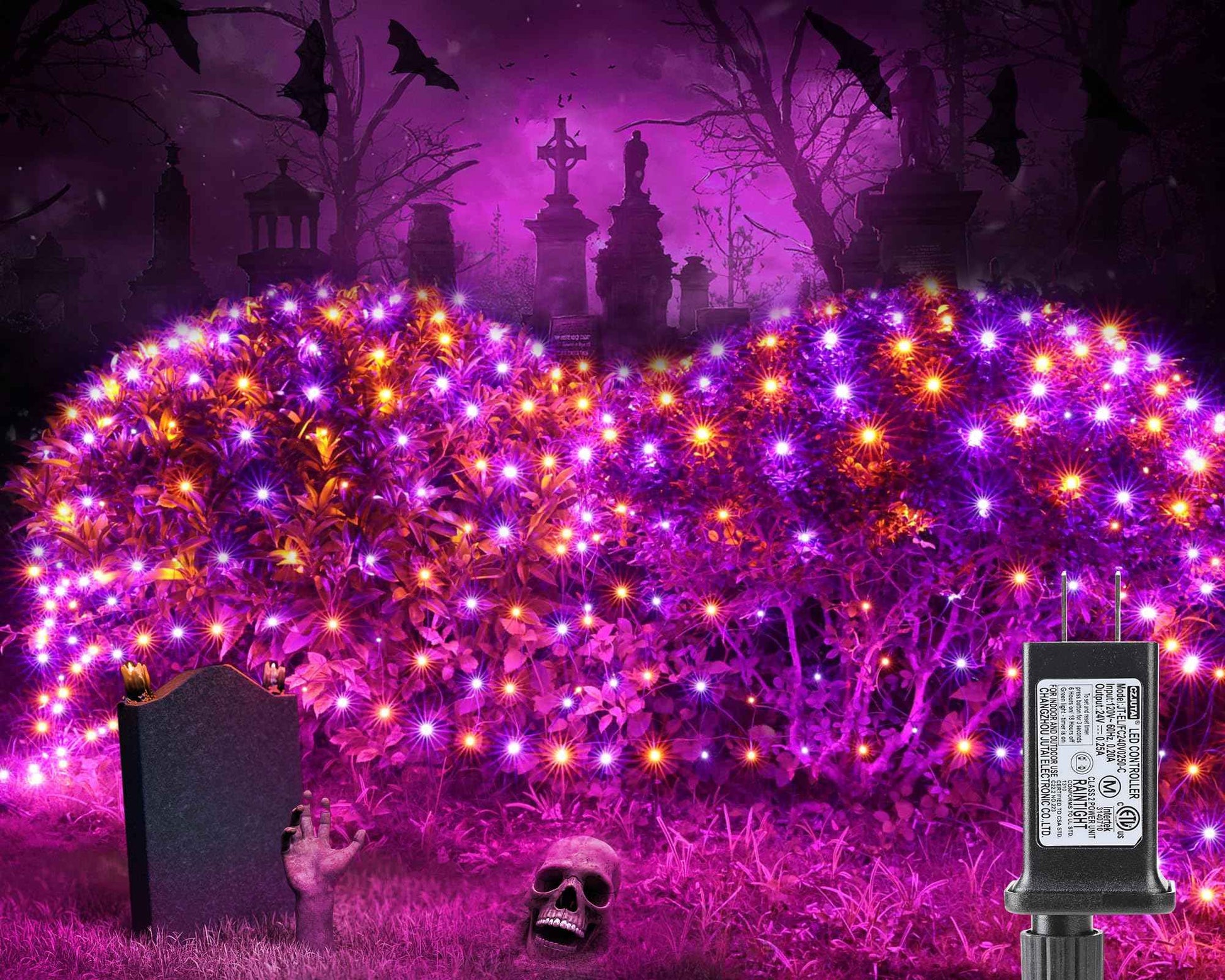 iBaycon 4ft x 6ft Halloween Net Mesh Lights, 8 Modes Timer Connectable Waterproof Bush Mesh Netting Lights for Halloween Outdoor Decorations (Orange Purple, 1PACK)