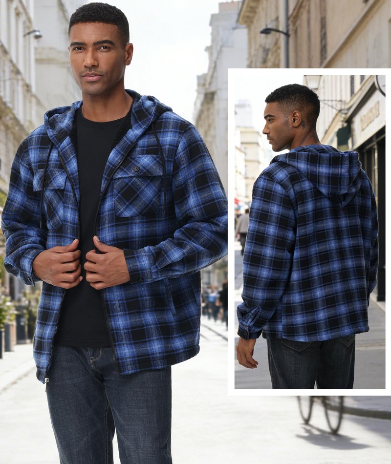 V VALANCH Men's Flannel Shirt Jacket with Hood Fleece Lined Plaid Jacket Zip Up Winter Warm Coat Black Blue XL