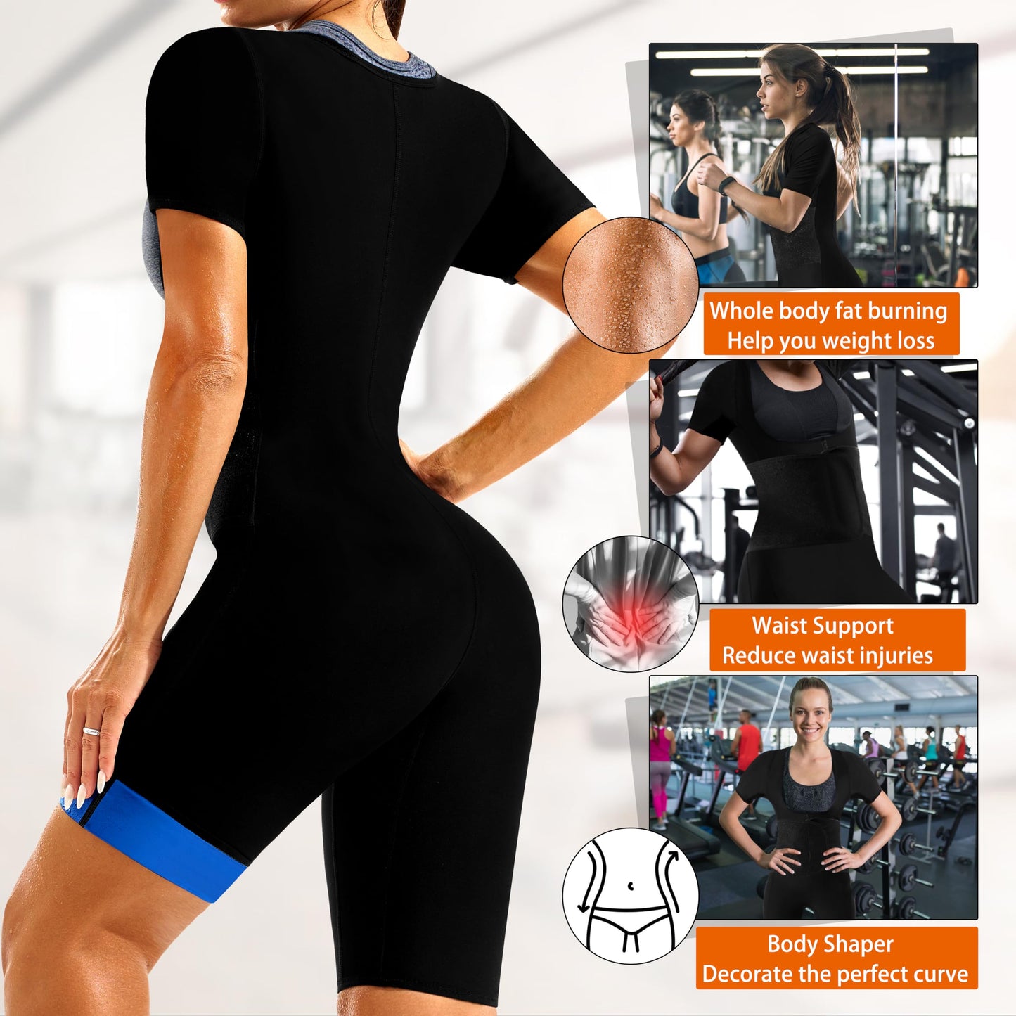 LMCOB Sauna Suit for Women Sweat Suit Waist Trainer for Weight Loss 4 IN 1 Slimming Full Body Shaper Sauna Jumpsuit Workout Vest with Shorts(BH70013-01-L)