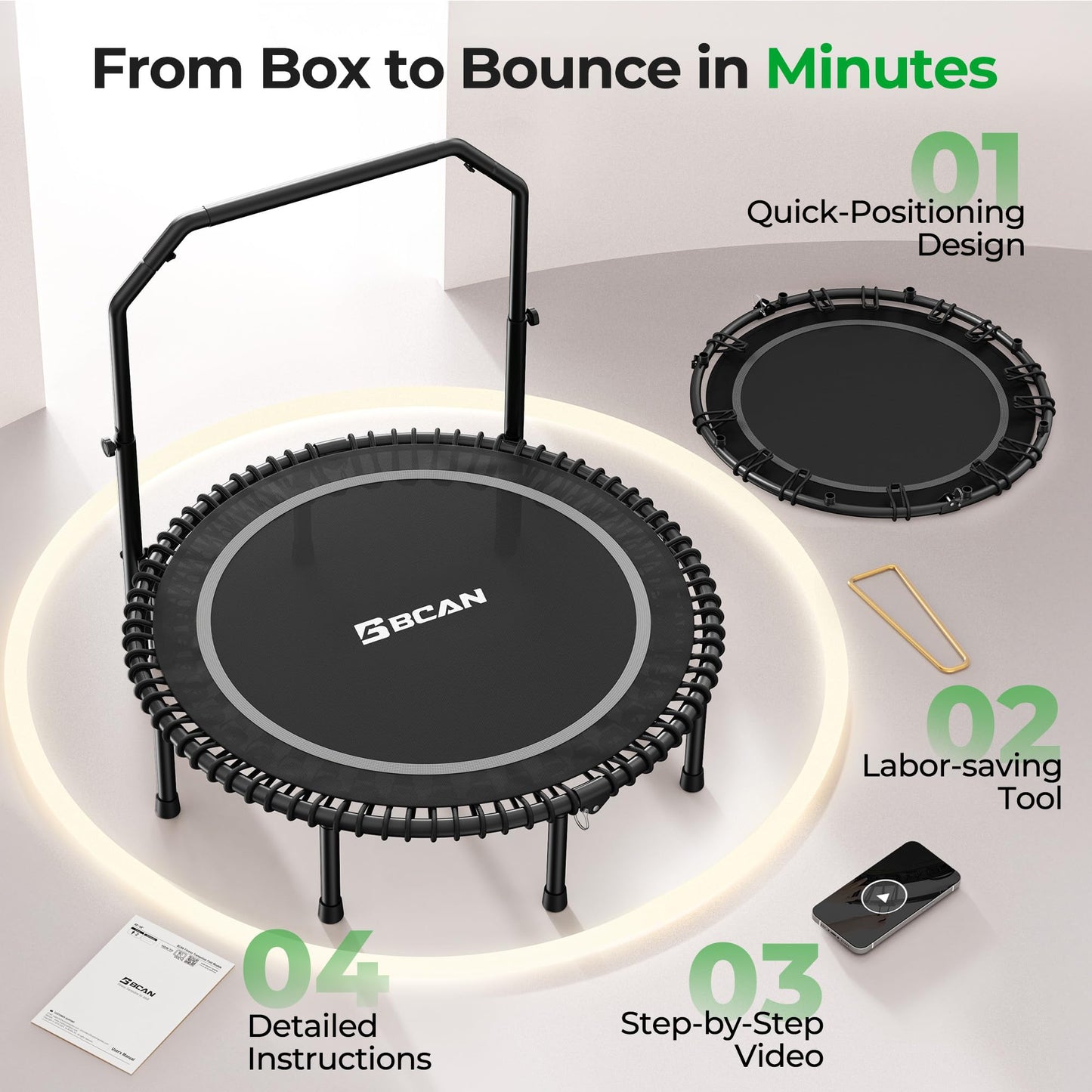 BCAN BT2 450/550LBS Mini Rebounder Trampoline for Adults with Bar, Fitness Trampoline with Bungees, Adjustable Handle, Stable & Quiet, Indoor Outdoor, Whole-Body Workout & Relaxation at Home-48IN-SLV