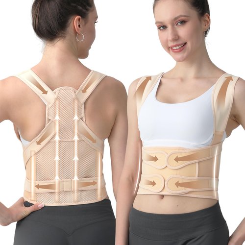 BLACKYEW Posture Corrector for Women & Men, Adjustable Back Brace Shoulder Straightener, Full Back Support for Upper & Lower Back Pain, Hunchback, Scoliosis Relief (Medium, Beige)