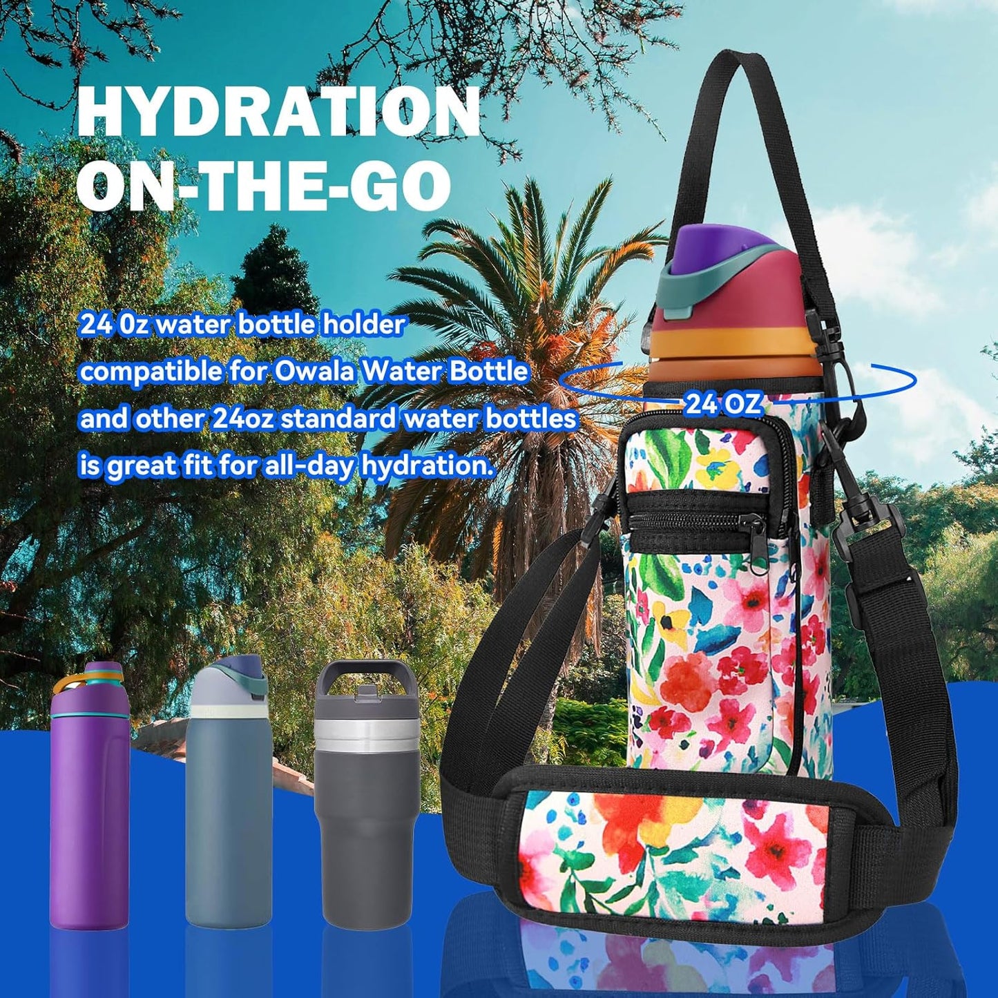 Owala | Neoprene Water Bottle Holder Bag - Adjustable Shoulder Strap & Cell Phone Pocket for 24 oz Bottles