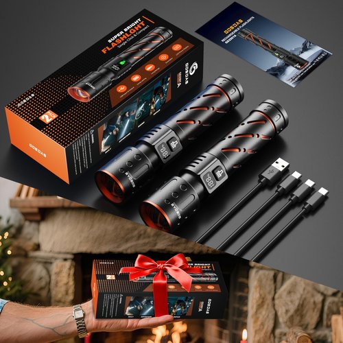 Gosdas Rechargeable Flashlights High Lumens 100000 2 Pack, Super Bright 30W LED, Long Lasting 12H, Single Click 3 Modes, Multifunctional USB C Input Output LCD Power Display, for Camping Hiking Home