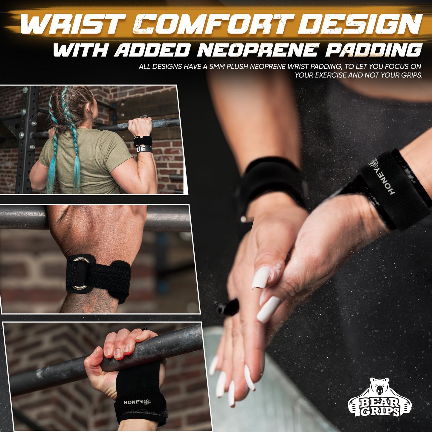 Bear Grips Two Hole Hand Grips, Three Hole Pull Up Grips, No Hole Wrist Grips, WOD Grips for Men and Women. Carbon Fiber Hands Grips, Titanium Hand Grips for Weight Lifting, Speed Pull Up Gloves Grip