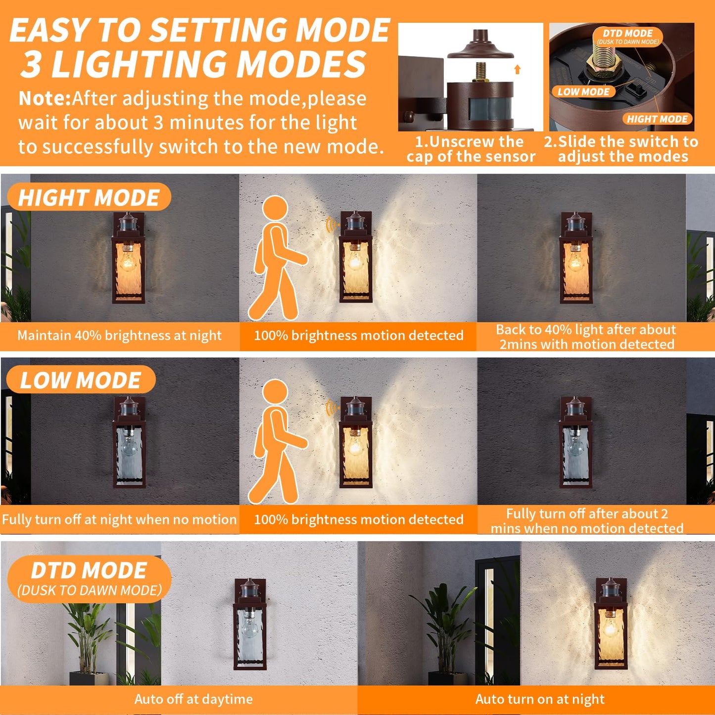 MDENLT 2 Pack Bronze Motion Sensor Outdoor Wall Lights,Updated Dusk to Dawn Outdoor Lighting, Exterior Light Fixtures Wall Mount,Waterproof Porch Light Outside Lights for House