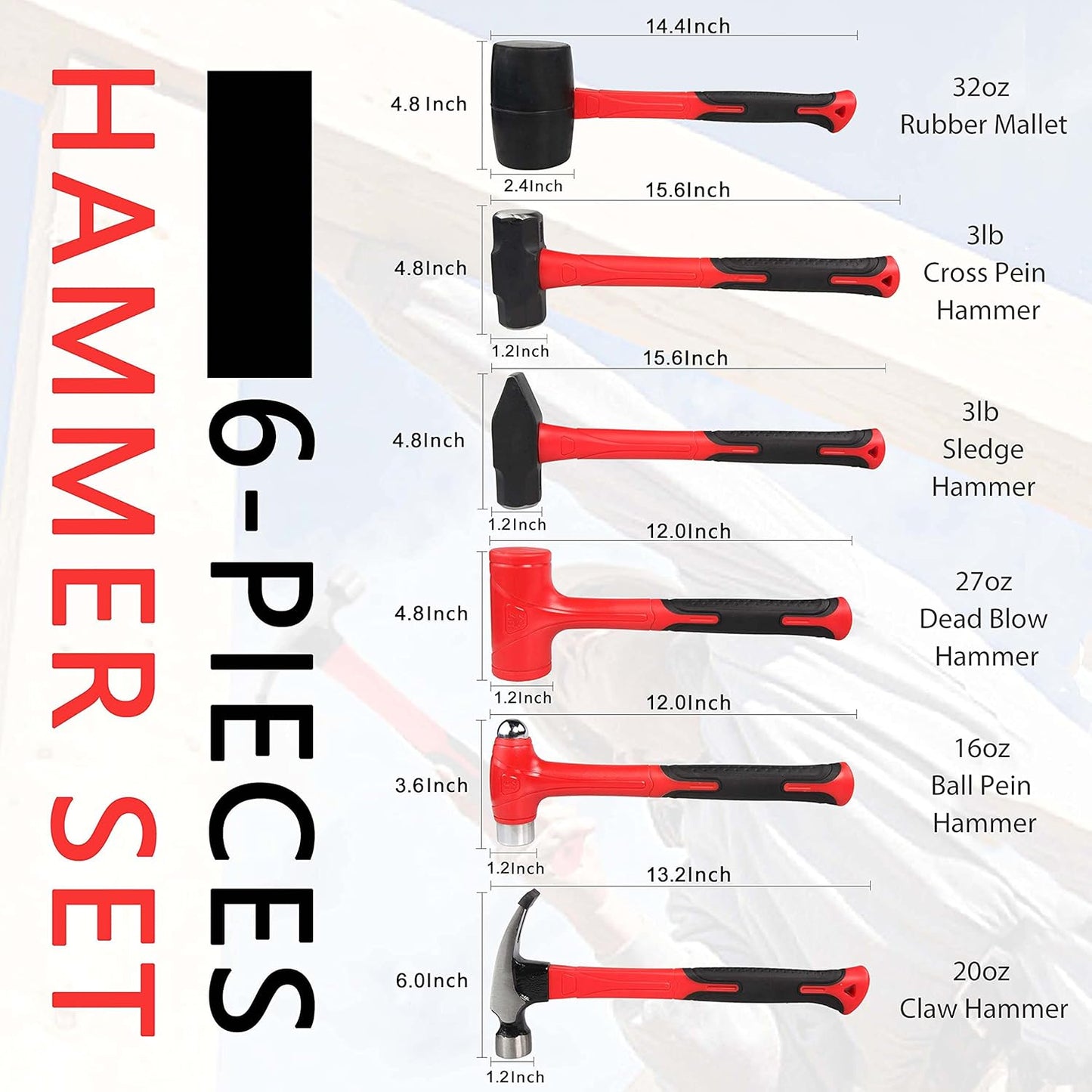 5-Piece Hammer Set with Fiberglass Handles | Ball Peen, Rubber Mallet & Sledge Hammers
