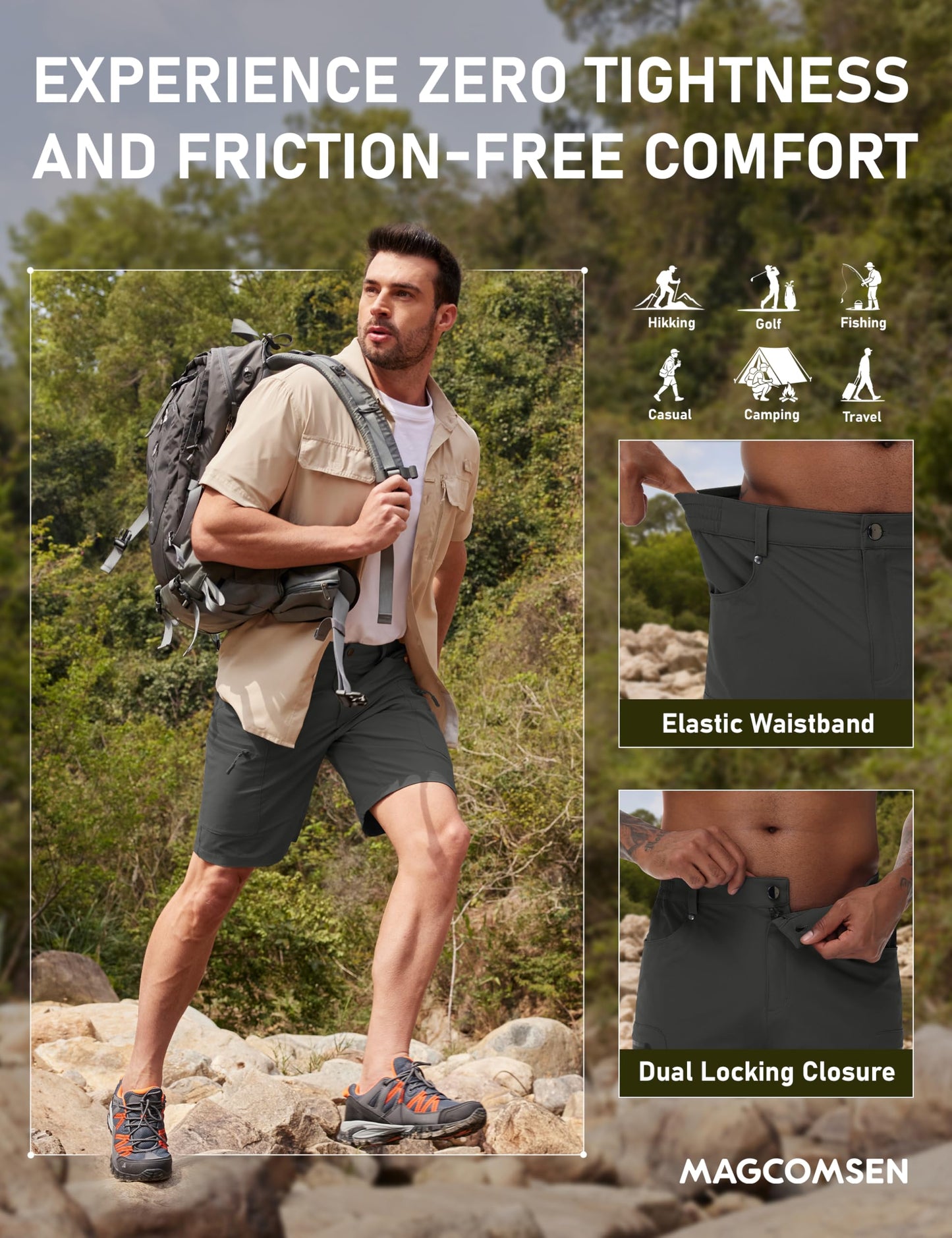 MAGCOMSEN Men's Hiking Shorts 10" Lightweight Outdoor Work Shorts for Men Travel Casual Cargo with 5 Pockets, Darkgrey, 34