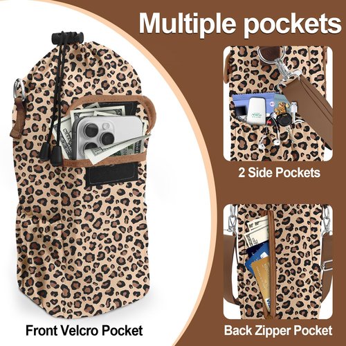 Leopard Water Bottle Holder with Strap,Water Bottle Carrier Bag with Phone Pocket for Stanley Cup 40/32/30oz Tumbler, Insulated Crossbody Sling Bottle Pouch with Adjustable Shoulder for Hiking Camping