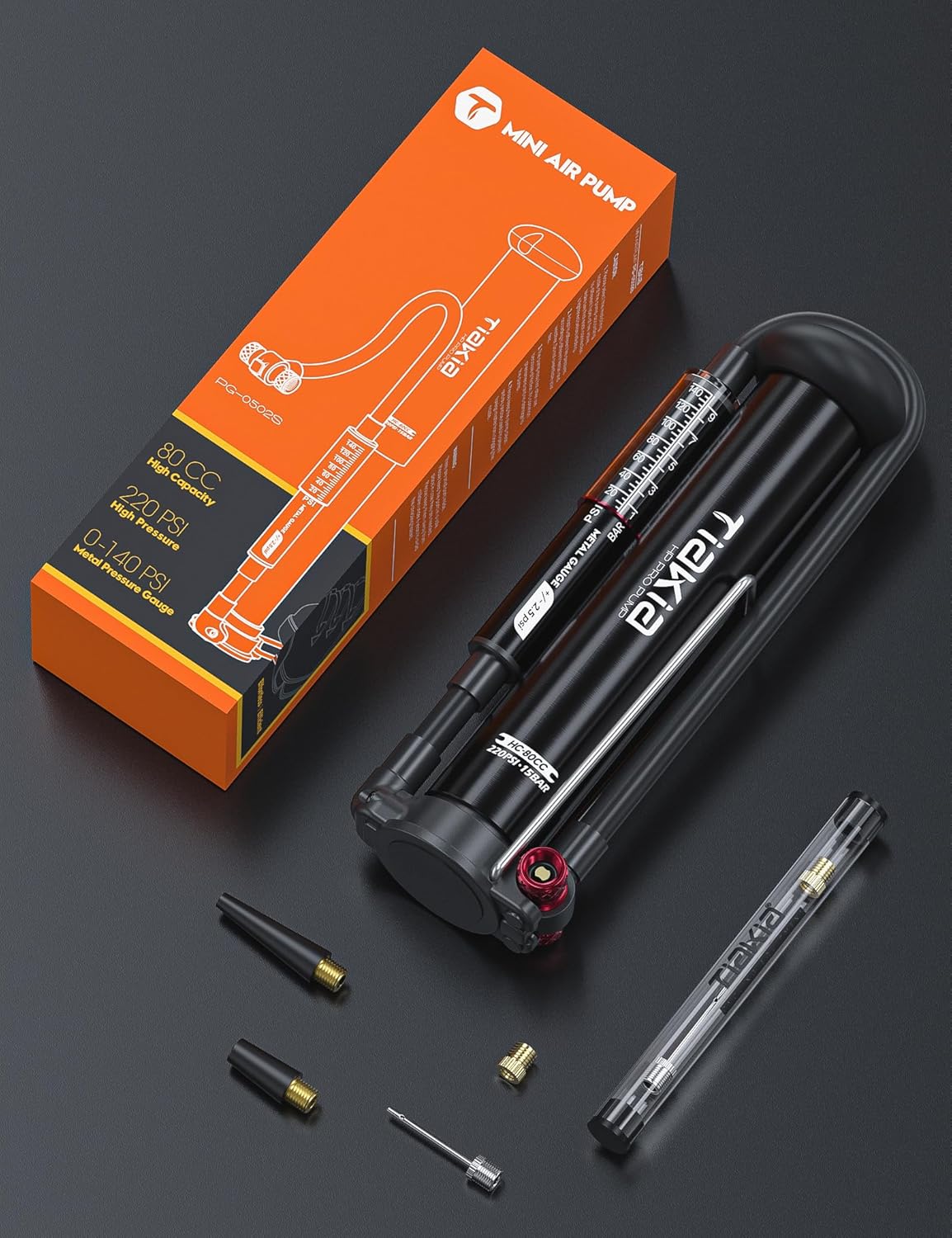Tiakia High Pressure Bike Pump - Portable Hand Air Pump with Gauge for Presta & Schrader Valves | Aluminum Design
