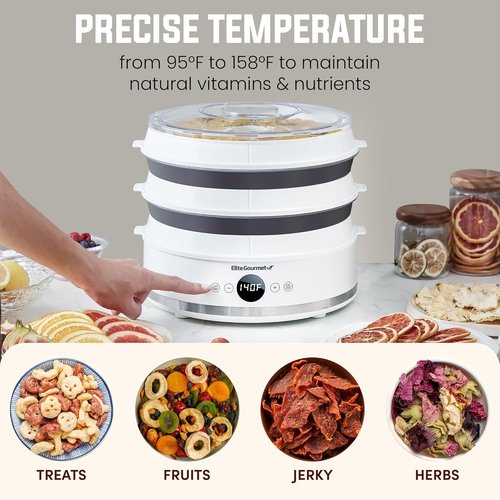 Elite Gourmet Digital Food Dehydrator - 5 BPA-Free SlimStore™ Trays, Adjustable Timer & Temperature, Compact Design, White