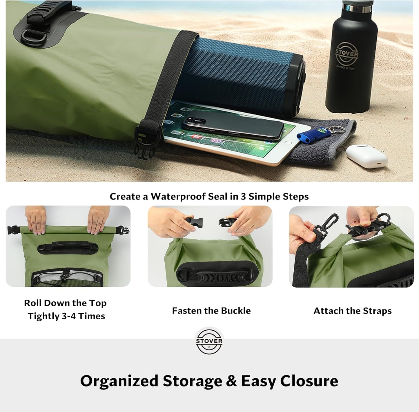 STOVER Waterproof Dry Bag | Roll-Top Backpack with Phone Case for Kayaking, Hiking & Camping - 5/10/25/30/40/55L