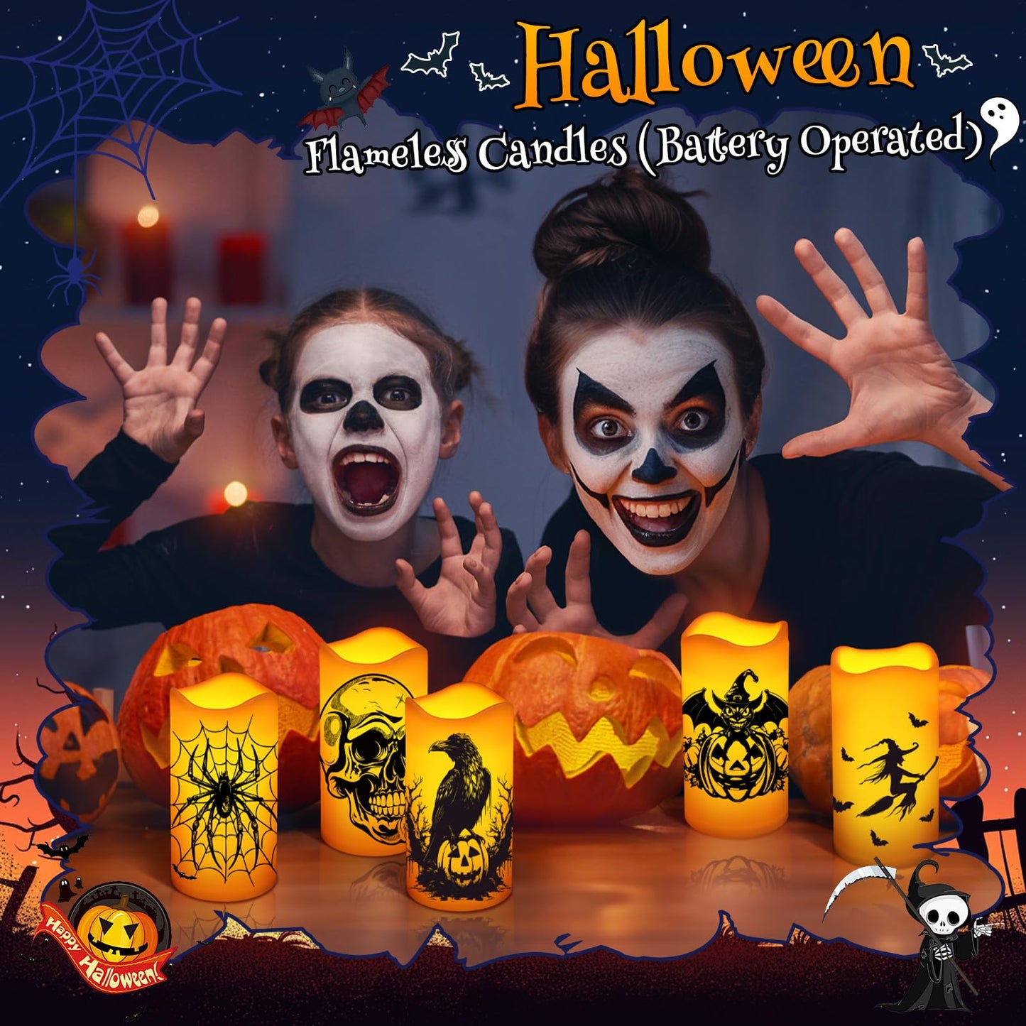 Halloween Decorations Indoor Flameless Candles Flickering Lights with Skull Spider Webs Crow Pumpkins Bats Witch, 6 Hrs Timer for Home Window Mantel 3 Pack