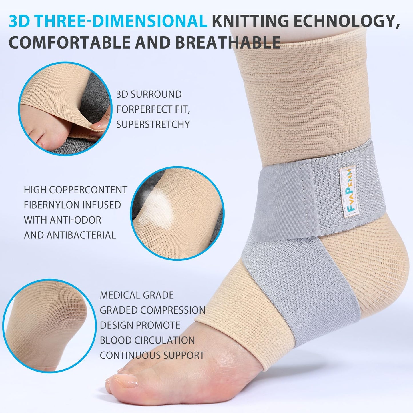 FvaPemm Copper Ankle Brace for Women Men 2 Pack Ankle Compression Sleeve Support for Sprained Ankle, Plantar Fasciitis Relief & Achilles Tendonitis Brace, Sports, Running, Nude, M