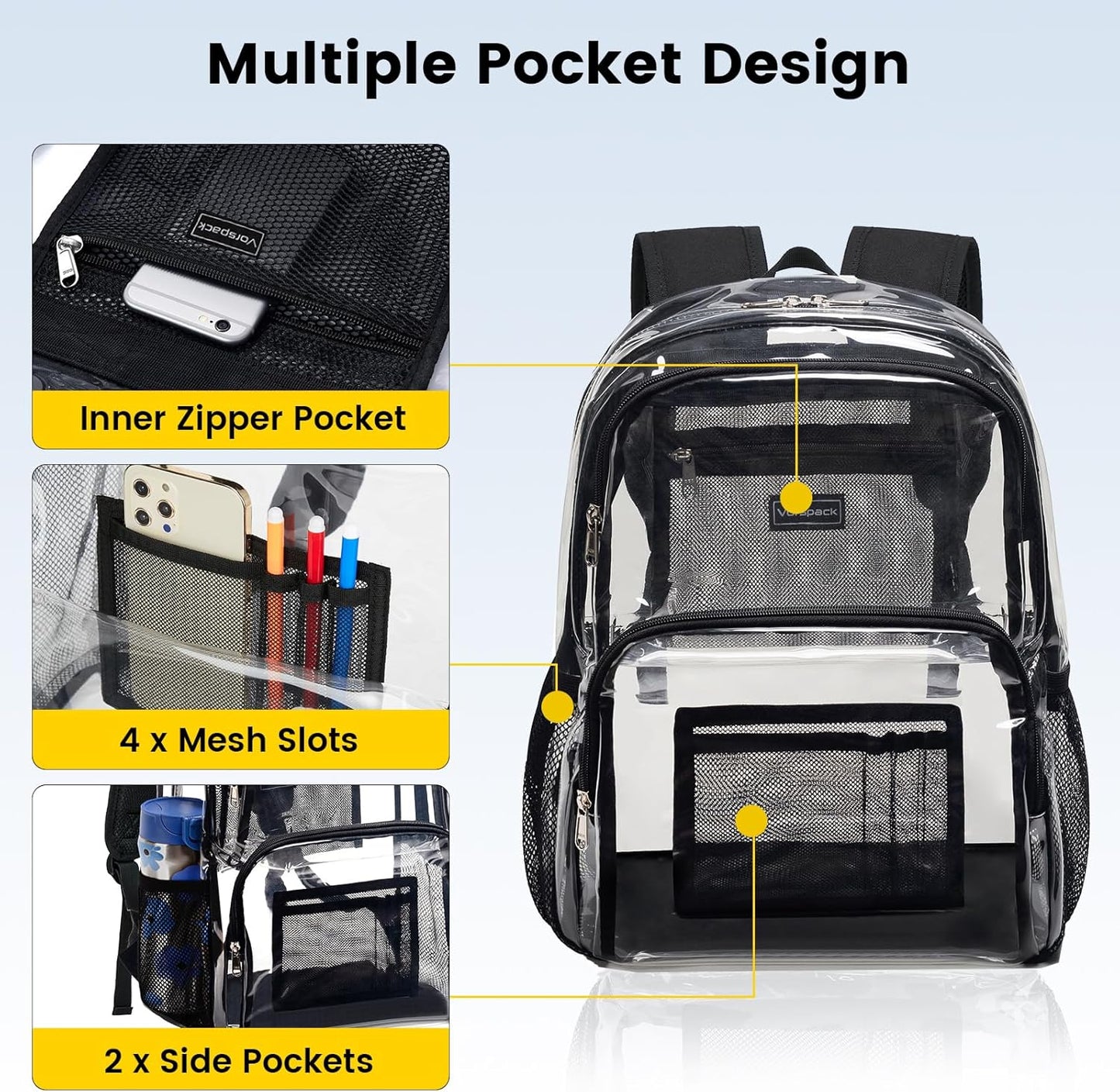 Vorspack Clear Backpack - Heavy Duty Transparent Bookbag for College & Travel | Large Black Design