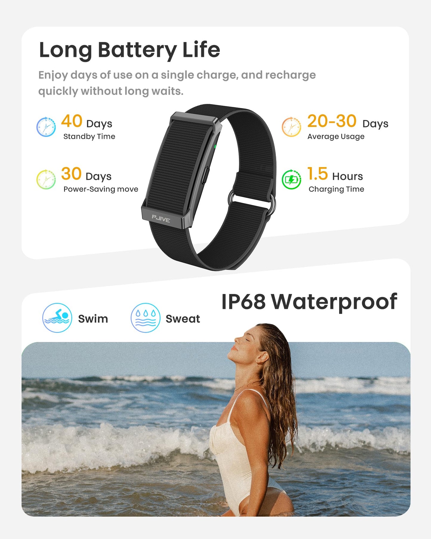 PJIVE Smart Bracelet, Health Fitness & Activity Tracker White