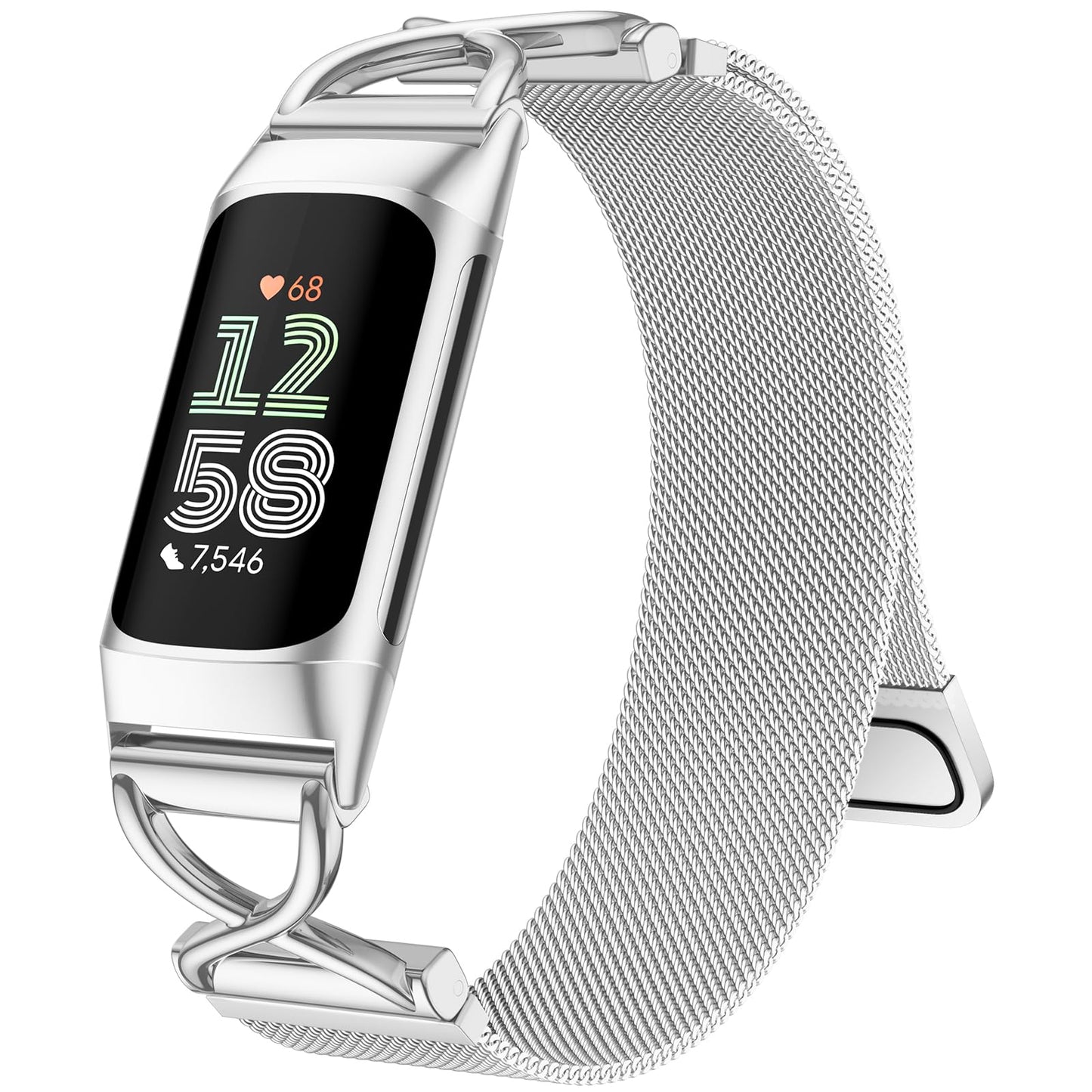JKD Silver Bands Compatible for Fitbit Charge 6/ Charge 5 Bands Women Men, Magnetic Metal Mesh Strap Solo Loop Wristband Replacement Band for Fitbit Charge 5/ Charge 6 Fitness Tracker Accessories