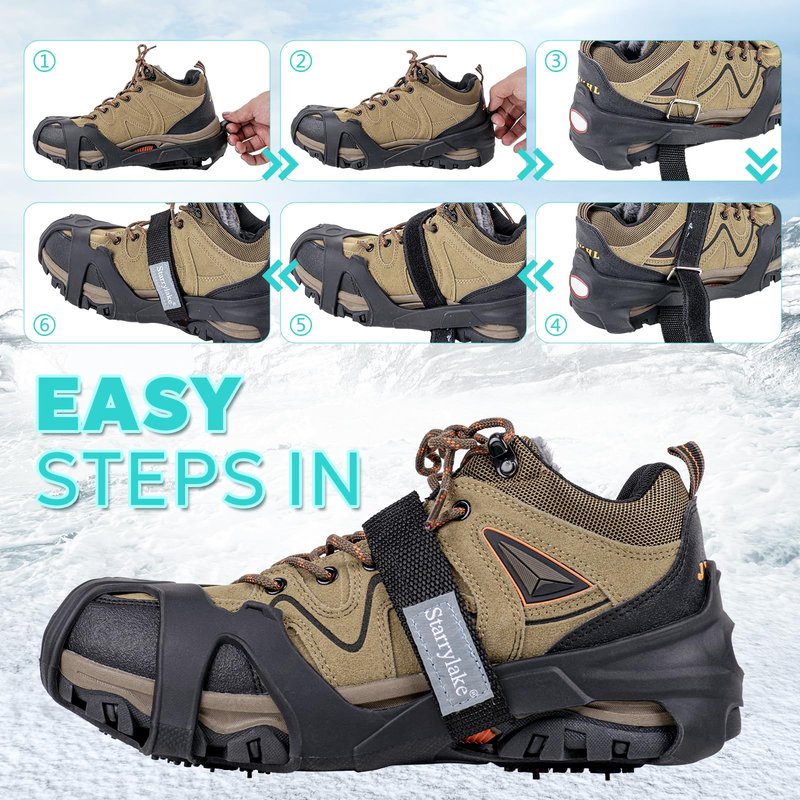 Starrylake Ice Snow Cleats Crampons with 10 Tungsten Spikes with Reflective Strips for Shoes and Boots Anti Slip Traction Cleats for Running, L