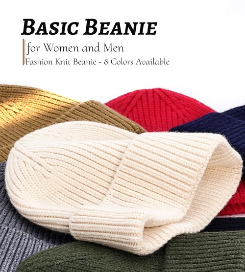 Seamless Beanie Hat for Men Women, Wool Fisherman Beanies, Unisex Cuffed Knit Warm Winter Hats Skull Cap Ski Caps Black