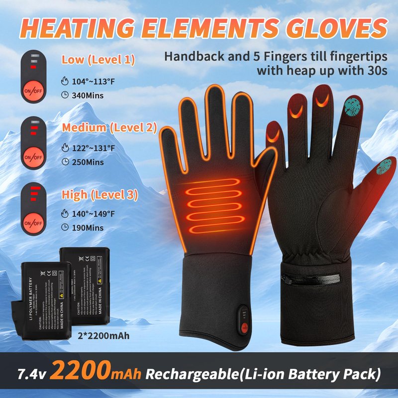 Qsocksy Heated Gloves for Men & Women - 2200mAh Battery, 3 Heating Levels, Overheat Protection - Ultra-Thin Electric Motorcycle Riding Gloves for Winter, Skiing, Snow Sports (Large)