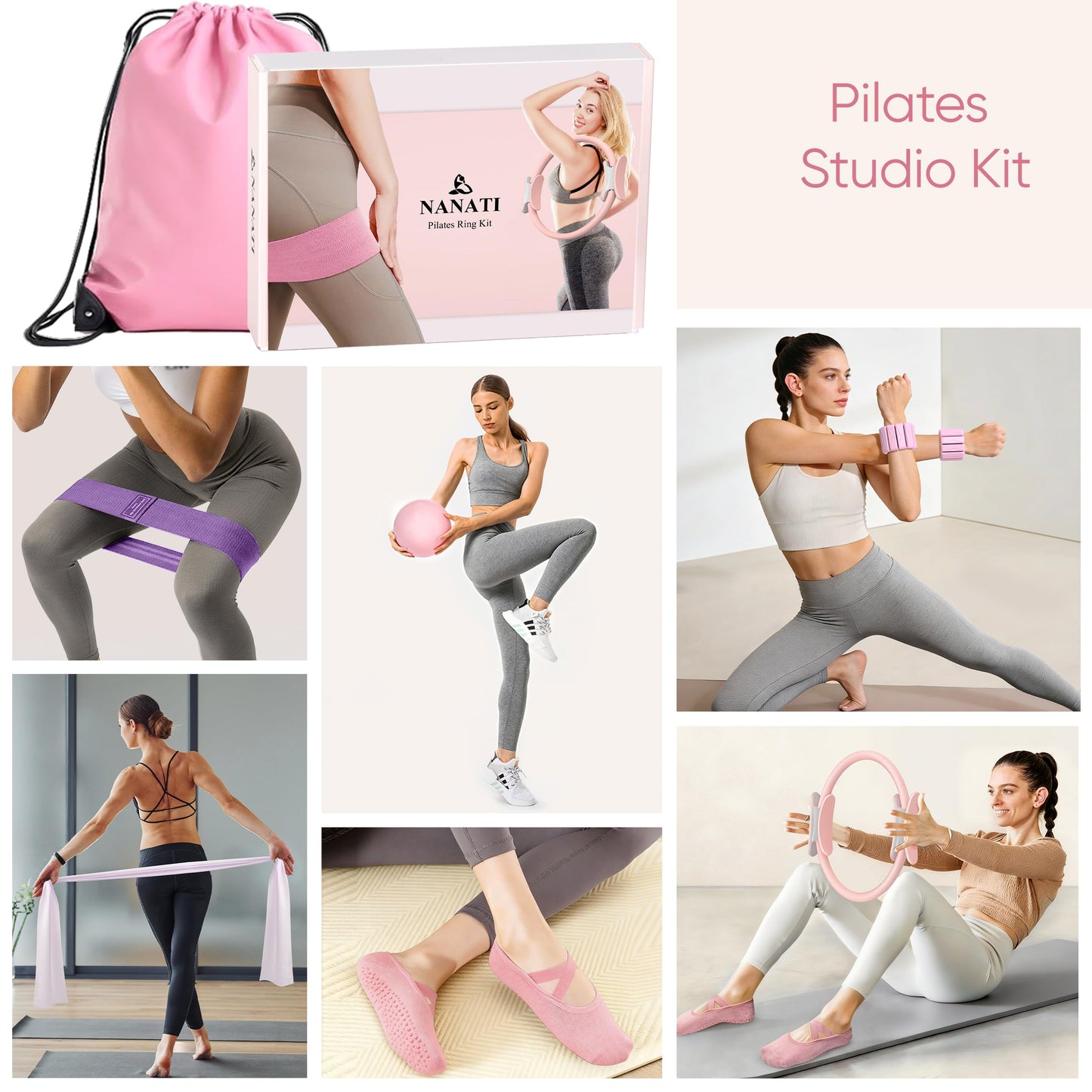 NANATI Pilates Kit 18PCS, Pilates Essentials Kit for Women Home Workouts, Pilates Equipment with 14.5" Pilates Ring and Ball,7 Resistance Bands,Ankle Weights,Sliders & Grip Socks for Beginners