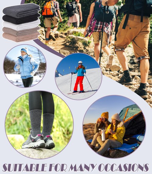 DYW Merino Wool Hiking Socks for Women Men Thermal Warm Winter Boot Crew Cushion Work Ladies Socks 5 Pairs Black/Dark Grey/White/Khaki/Coffee,Medium
