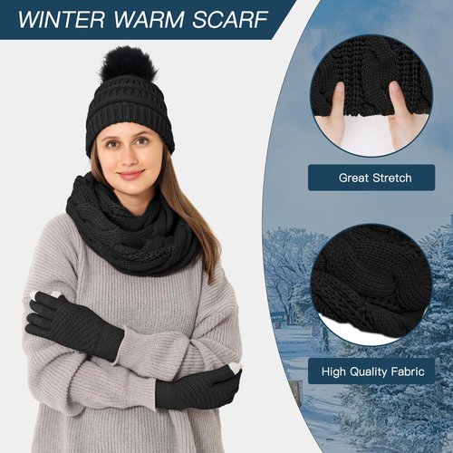 Double Couple 4pcs Winter Beanie Hat Scarf Touch Screen Gloves and Warm Knit Wool Socks Set for Women Knit Hat with Faux Fur Ball Scarves Glove
