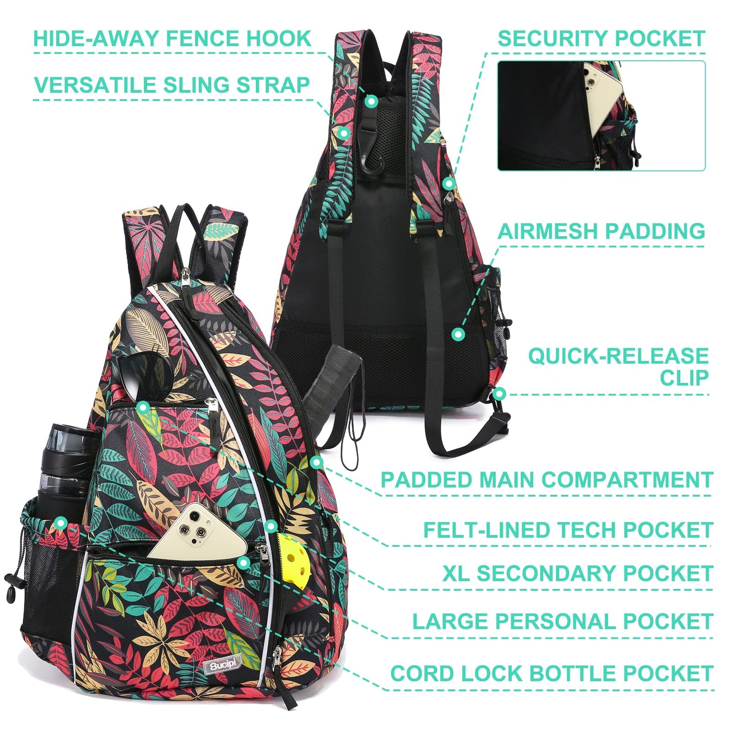 Sucipi Pickleball Bag - Men's -Women's Pickleball Backpack, Adjustable Sling Bag w/Fence Hook/Large Capacity/Safety Pocket-Red Leaf