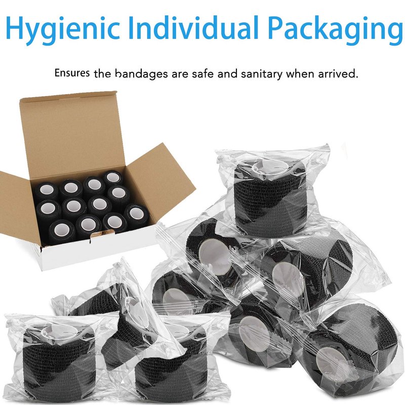 24 Pack Self Adherent Cohesive Bandage Wrap, 2” x 5 Yards Elastic Grip Tape Black Vet Wrap for Dogs, Athletic Bandages Wrap for First Aid Medical, Sports, Ankle, Wrist Sprains