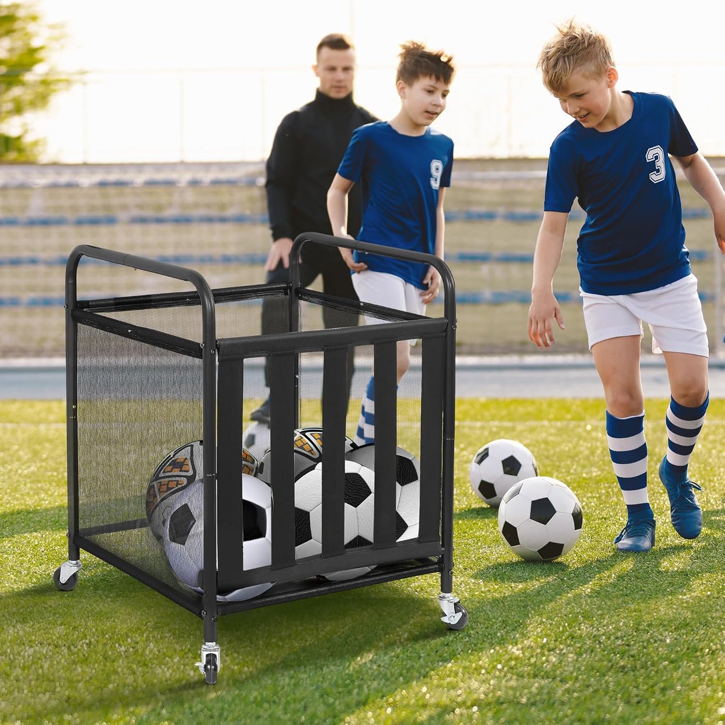 STO STO Rolling Sports Ball Storage Cart - Lockable Basketball Cage with Elastic Straps | Black Steel Organizer for Indoor & Outdoor Use