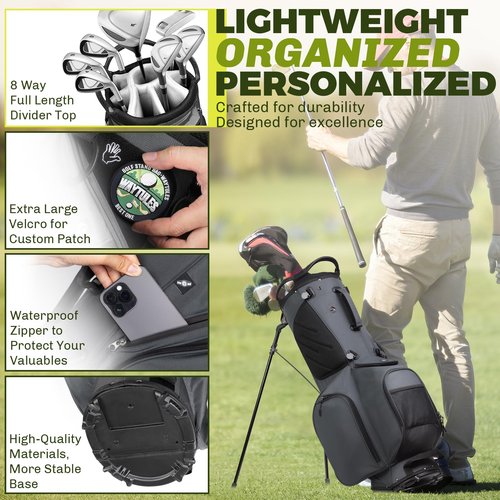 8-Way Golf Stand Bag, Lightweight Golf Bag with Dual Strap & Full-Length Dividers, Portable Golf Club Carry Bag with Multiple Pockets, Waterproof Rain Hood for Men Women(Charcoal Gray)