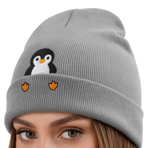Chicingyou Christmas Penguin Beanie Hat Gifts for Penguin Lovers Winter Knit Hat Embroidered Cute Cuffed Caps for Women Men (Gray)