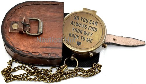 So You Can Always Find Your Way Back Home Engraved Brass Compass with Premium Leather Case & Chain - Brass Pocket Compass - Personalized Compass Gift for Hiking,Husband, Him, Her,Son, Graduation Day