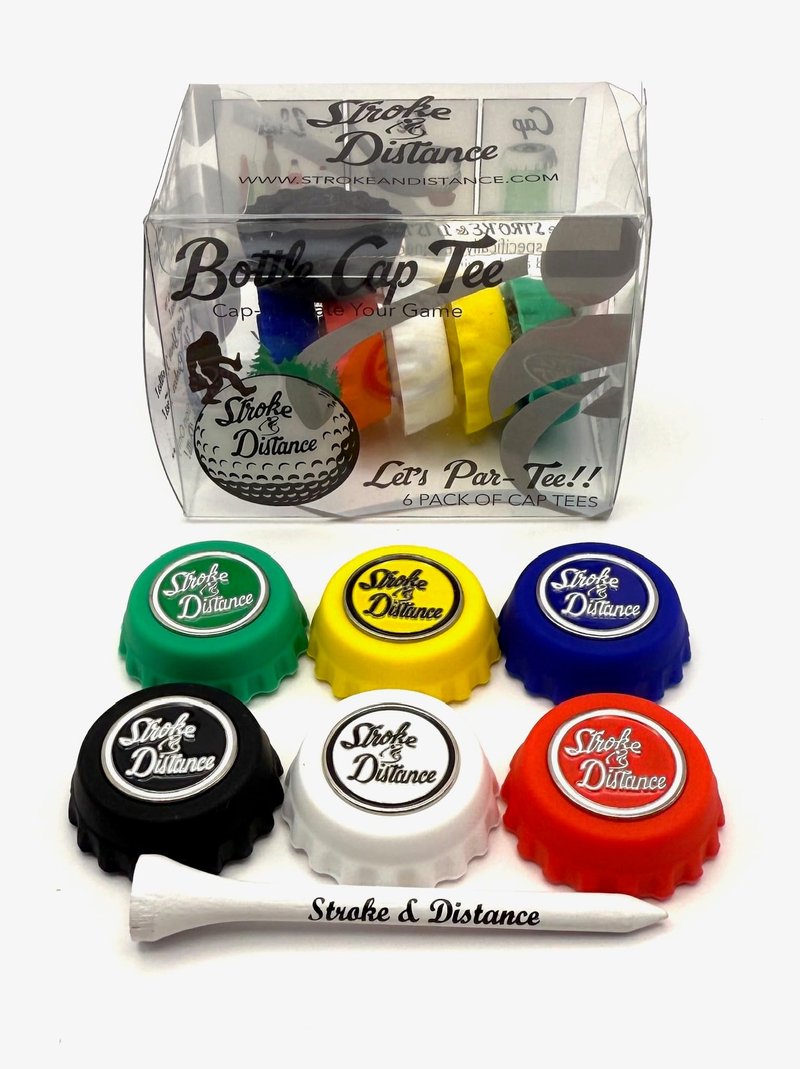 Stroke & Distance Golfers' Spill-Proof Bottle Cap Tee and Magnetic Ball Marker Variety Pack, 6-Pack, Multi-Color