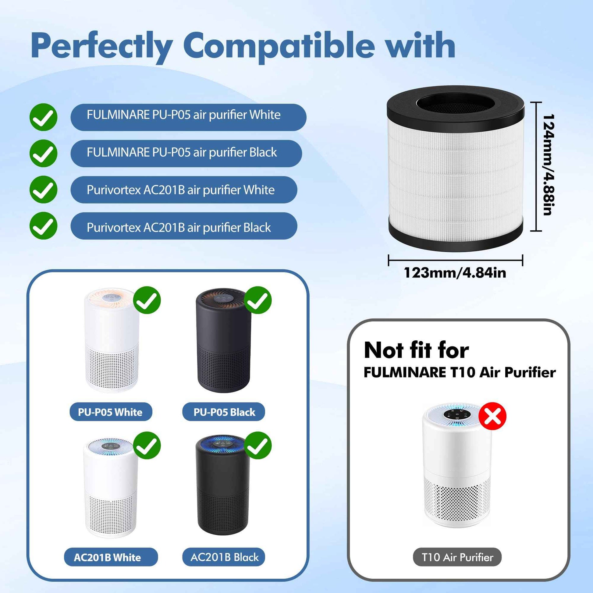 PU-P05/AC201B Replacement Filter Compatible with FULMINARE PU-P05 and Purivortex AC201B Air Purifiers, H13 True HEPA Air Filter for Home Pets Dander Dust Smoke Pollen 2pack