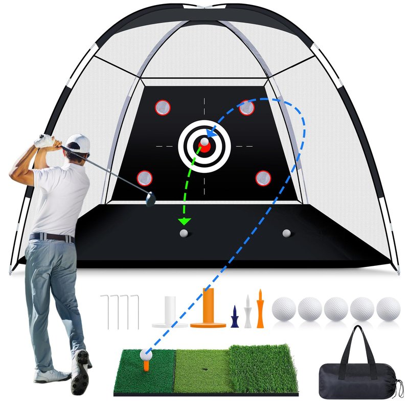 MoKo Golf Net with Practice Mat, 10 x 7 ft Golf Hitting Net for Outdoor Indoor Backyard Driving Chipping Swing Training, All-in-One Multi-Target Practice Nets, Gifts for Men Dad Him and Golfer, Black