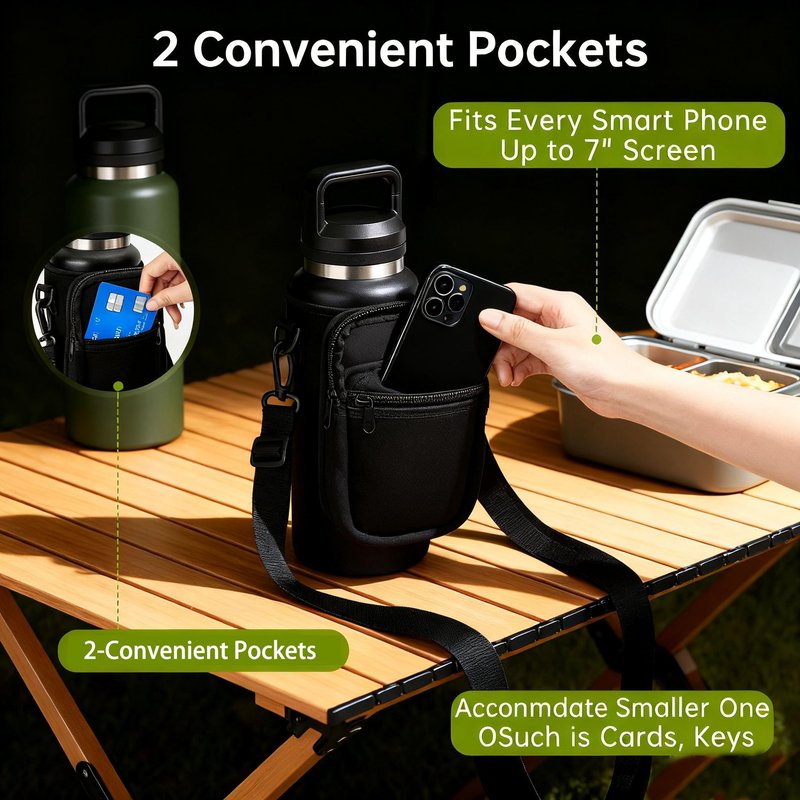 Water Bottle Sling Carrier Holder Bag, for YETI Rambler 18/26oz Yonder 25oz Water Bottle - Neoprene Sleeve, Adjustable Shoulder Strap & 2 Pockets -Perfect Sports Accessories for Hiking,(Black)