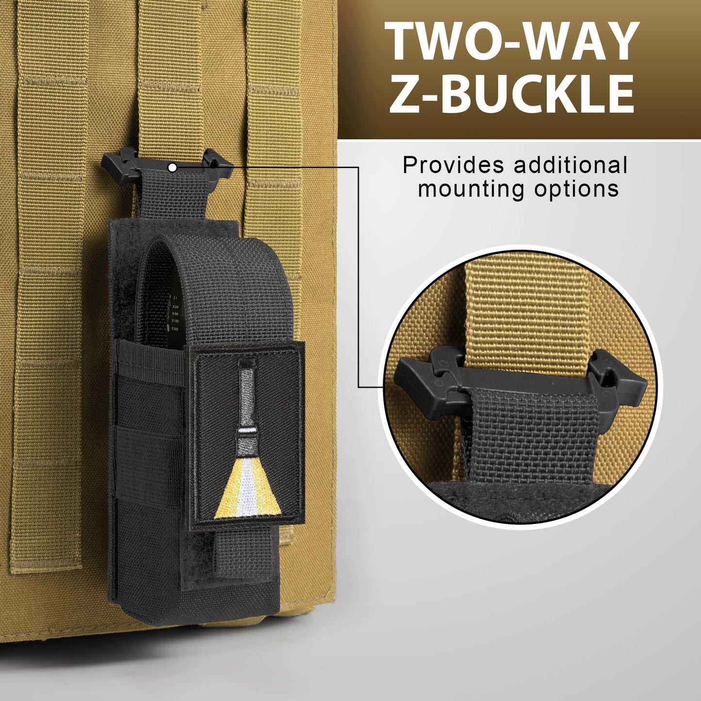 Tactical Flashlight Holster, Adjustable Flashlight Pouch Holder Molle Torch Carry Case for Duty Belt Backpack Vest Include Flashlight Patch & USA Flag Patch (Black-Nylon Strap with snap)