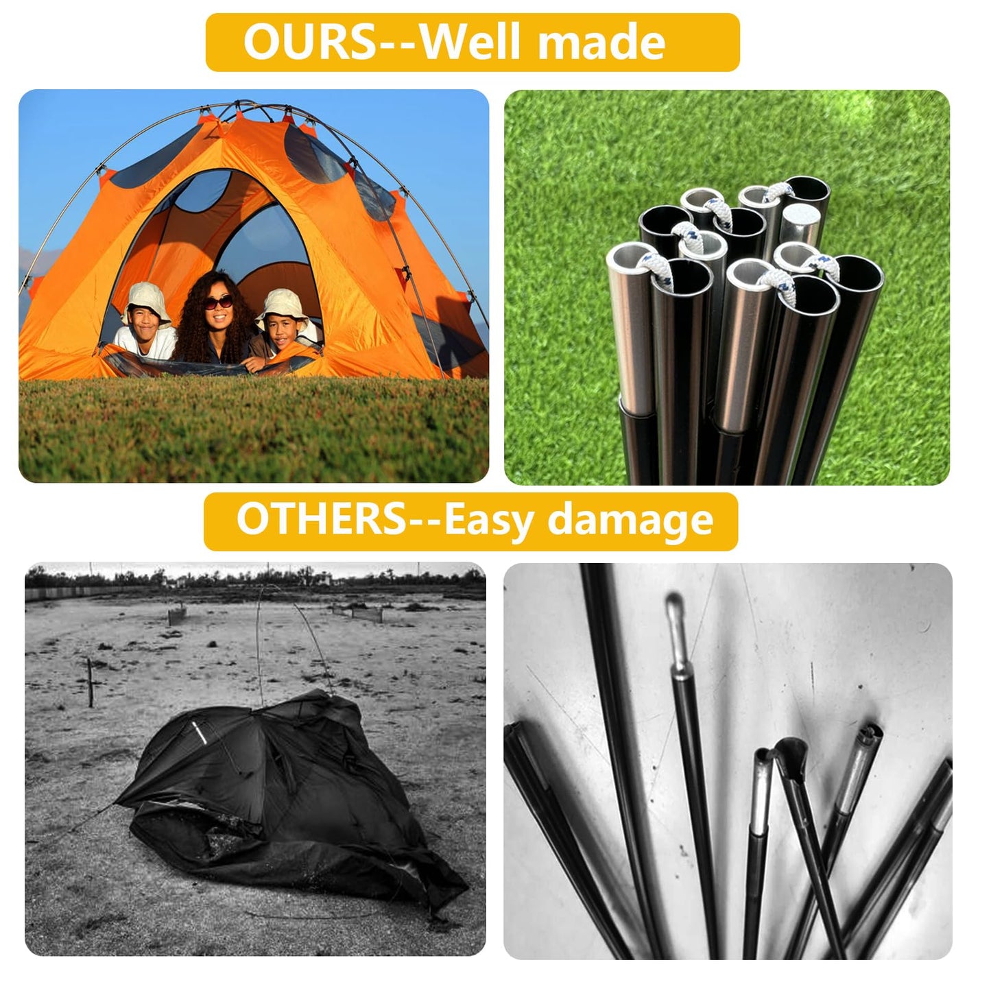 Hibinew Aluminum Tent Poles Replacement, Pre-Assembled, Fits Both Female and Male Ends, 7001 T6 Lightweight, Black, 14ft 7.4in