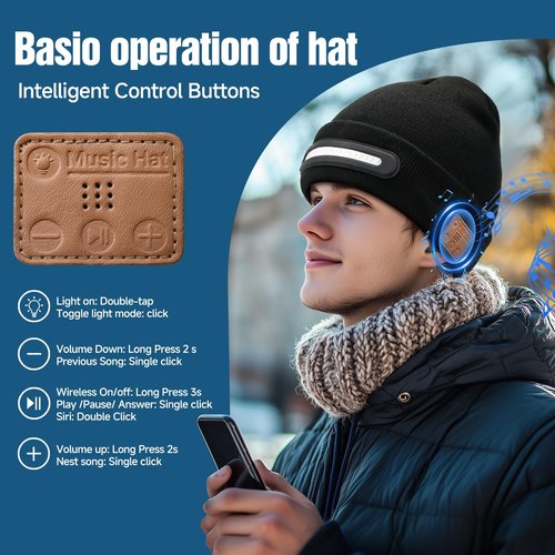 Valentines Day Gifts for Him,Bluetooth Beanie hat with Light,Skin Friendly, Warm Knit hat,Built in Speaker Microphone,Birthday Gifts for Men Him Black