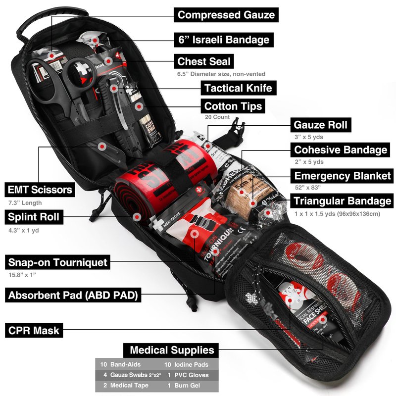 Survival First Aid Kit with Israeli Bandage, Chest Seal, Tourniquet, Splint, Tactical Military Combat Molle IFAK for Wound Care, Bleeding Control, Trauma Hemorrhage and More (Black)