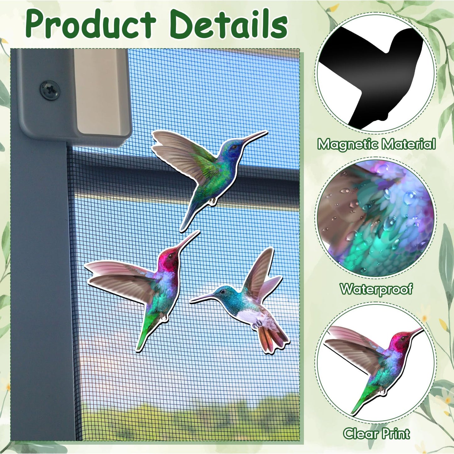 Konohan 3 Pairs Hummingbird Screen Door Magnets Double Sided Patio Flexible Magnetic Screen Saver Decorative Retractable Window Magnetic Decals for Sliding Patio Door (Bright)