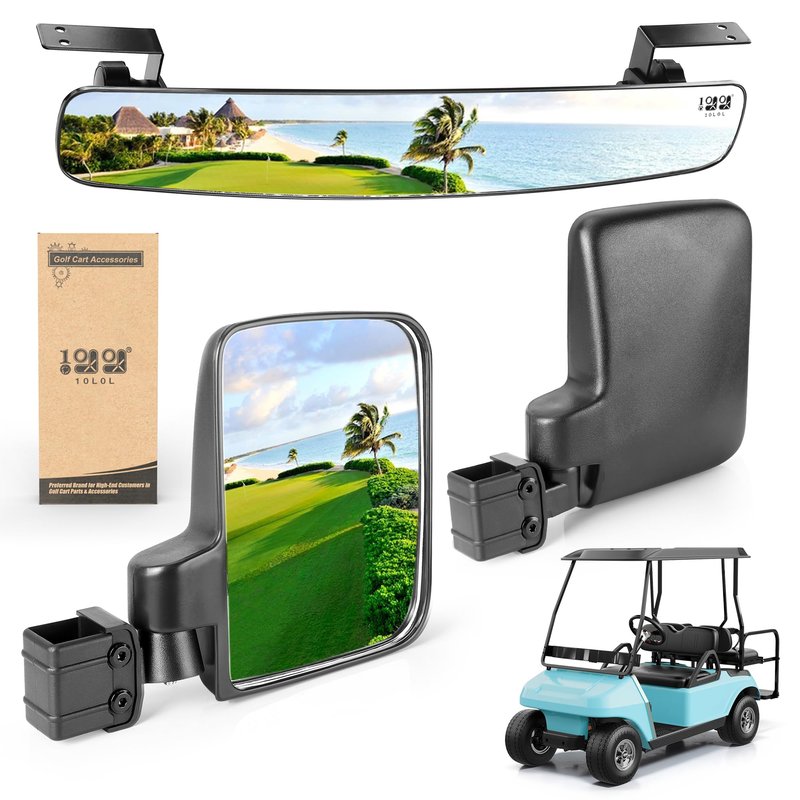 10L0L Golf Cart No-Drill Folding Side Mirrors + Easy-Drill Rear View Mirror, 170° Wide Angle, Universal for Yamaha EZGO Club Car, Shatterproof Stainless Steel