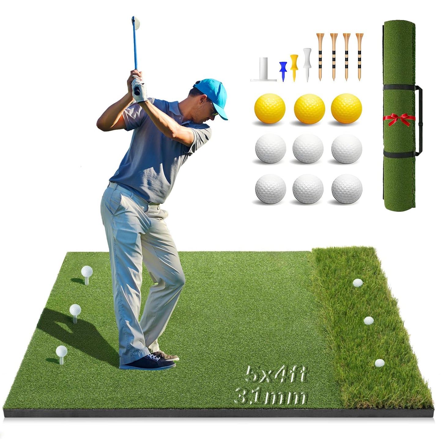 Newmkr Thickened Golf Mat-31mm, 5x4ft Golf Hitting Mats Practice Outdoor/Indoor, Heavy-Duty Commercial Grade Synthetic Turf Training Mat for Simulators/Garage/Backyard/Driving Range Swing and Chipping